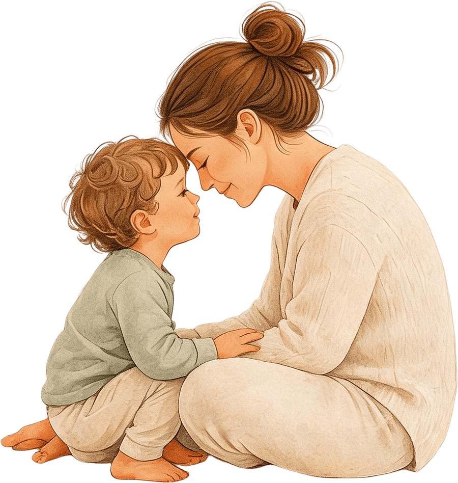 A parent and toddler sitting together, foreheads touching